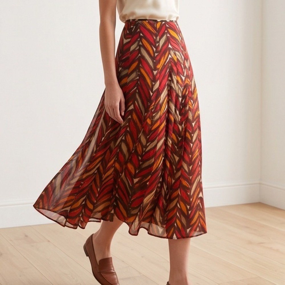 Jones New York 14 Silk Linen Pleated Midi Skirt Autumnal Abstract Red Brown